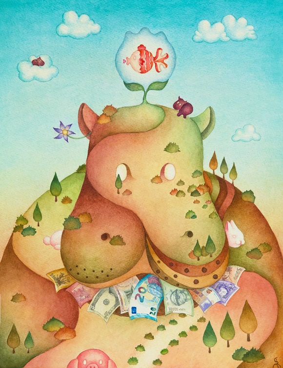 돈 먹는 하마_대지ver, 29.0 x 36.5 cm, arches on watercolor, 2018